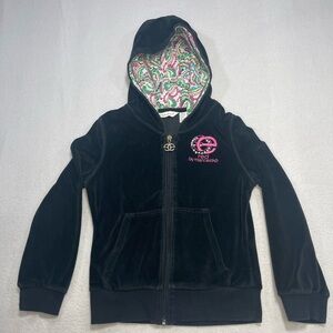 Marc Ecko Red by Marc Ecko Velour Zip Hoodie Black Pink Logo Girls M